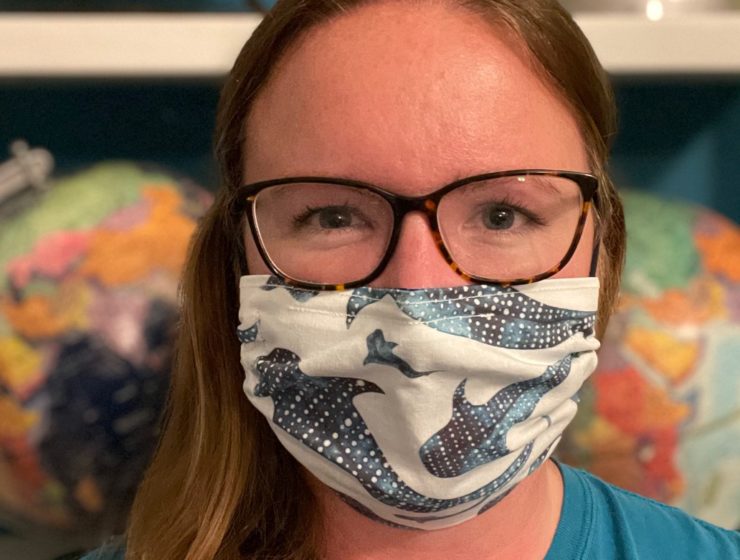 Laura Haythorn in her homemade whale shark mask